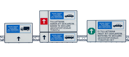 Traffic signs follow the type of lane are bi-lingual in English, Russian and Finnish. Isolated on white background