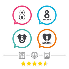 8 March Women's Day icons. Flower, heart symbols.