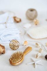 bath accessories on the bamboo mat