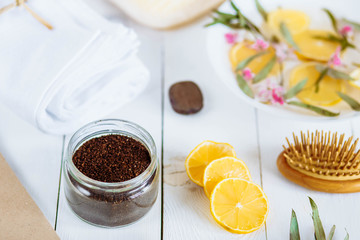 Spa and bathroom aromatherapy accessories with lemon fruit.