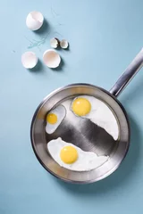 Keuken foto achterwand Spiegeleieren Ei. Gebakken ei voor het ontbijt. Kippen ei. Kwartel ei. Close-up van het gebakken ei op een koekenpan. Boven weergave, tekstruimte. Plat leggen.