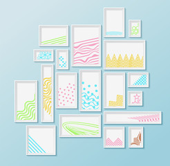 Different pictire frames with simple colorful geometric patters on bright blue wall. Set of realistic borders for art gallery mockup, wallpaper design, fully editable, you can move any object