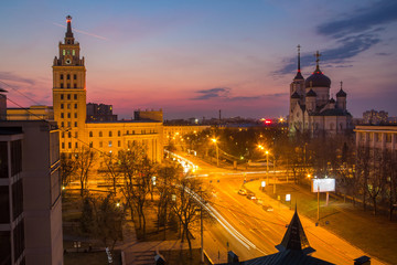 Evening Voronezh. Tower of management of south-east railway in the style of Stalin's empire and...