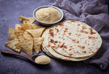 Mexican tortillas, nacho chips and corn flour
