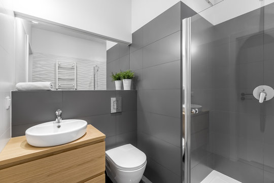 Modern grey bathroom with shower