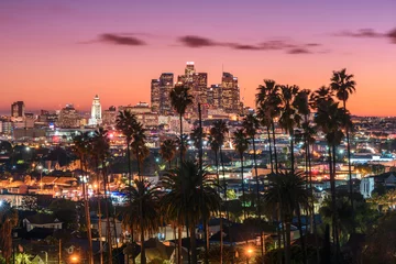 Washable wall murals Los Angeles Beautiful sunset of Los Angeles downtown skyline and palm trees in foreground