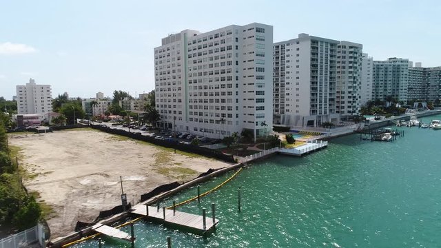 Aerial drone video Miami Beach hotels and condominiums on Biscayne Bay