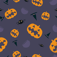 Seamless Halloween Pattern with spooky pumpkins, witch pots and witch hats, spiders. Halloween Background. Halloween pumpkins. Halloween pattern