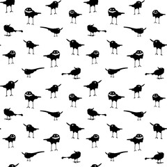 Illustration with happy crows on white background. Seamless pattern.