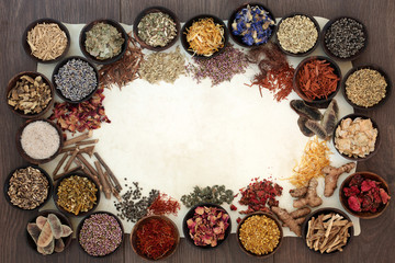 Fototapeta na wymiar Dried Medicinal Herbs and Flowers used in Natural Alternative Herbal Medicine