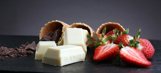 ice cream cones with white chocolate block and dark chocolate rasp and strawberries