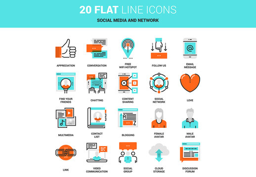 20 Line Art Social Media and Network Icons