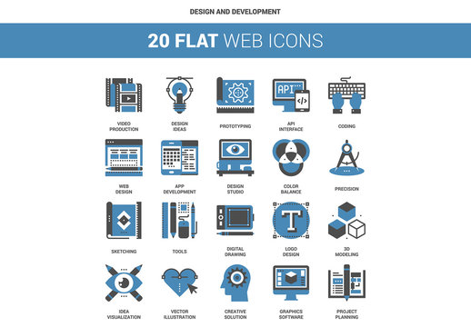20 Flat Two-Color Design and Development Icons