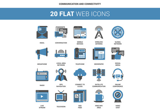 20 Flat Two-Color Communication and Connectivity Icons