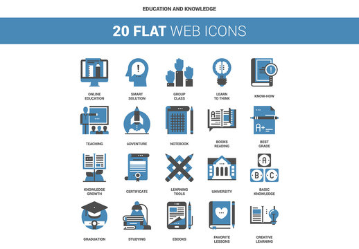 20 Flat Two-Color Education and Knowledge Icons