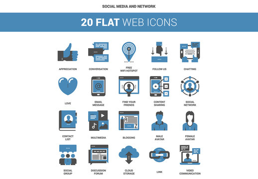 20 Flat Two-Color Social Media Icons