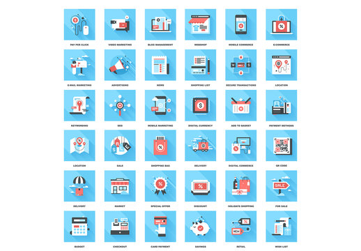 36 Square Blue and Red Shopping and Marketing Icons