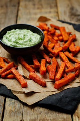 Baked Sweet Potato Fries with Avocado greek yogurt lime cilantro dip