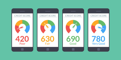 Collection smartphones with credit score app on the screen in flat style. Financial information about the client. Vector illustration isolated on white background.