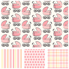 Baby stroller pattern with coordinating prints. Pink and peach repeating patterns for gift wrap, baby shower paper, gift cards and more. Pram, stripe, polka dot and plaid prints. 