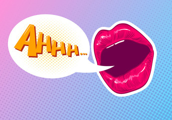 Pop art woman lips. Sexy mouth. Speech bubble comic book style. Hand drawn vector illustration.