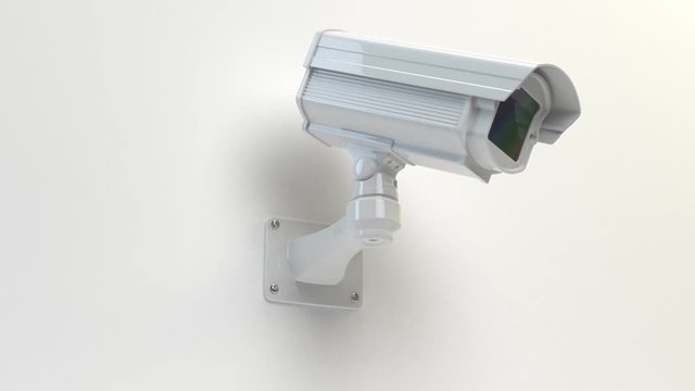 CCTV security camera isolated on white background with looping and alpha channel. 3d render
