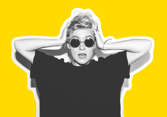Stylish fashion blonde with short hair colorful collage. Crazy girl in a black t-shirt and rock...