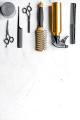 hairdresser working desk with tools on white background top view mockup