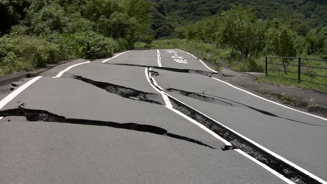 Earthquake cracked roads in Minamiaso, Kumamoto, Japan