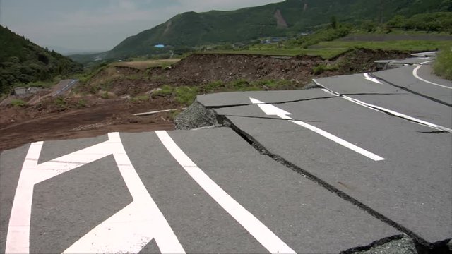 Earthquake cracked roads in Minamiaso, Kumamoto, Japan