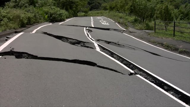 Earthquake cracked roads in Minamiaso, Kumamoto, Japan