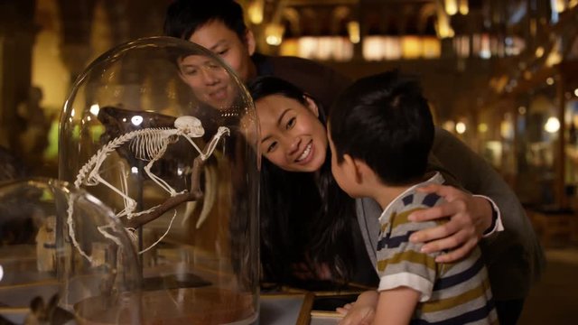  Asian family in natural history museum looking at a skeleton inside glass jar
