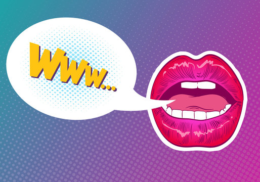 Pop art woman lips. Sexy mouth. Speech bubble comic book style. Hand drawn vector illustration.