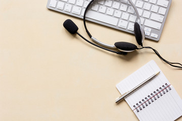 call center manager work desk with headset top view space for text