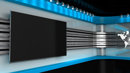 Tv Studio. Blue studio. Backdrop for TV shows .TV on wall. News studio. The perfect backdrop for any green screen or chroma key video or photo production. 3D rendering.