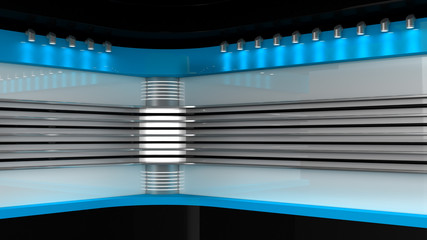 Tv Studio. Blue studio. Backdrop for TV shows .TV on wall. News studio. The perfect backdrop for any green screen or chroma key video or photo production. 3D rendering.