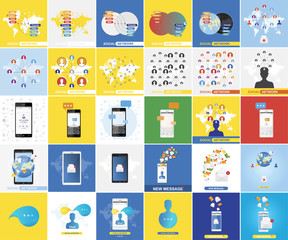 Set of concepts on the theme of social networks and communication on the Internet.
Chat icon with a smartphone and a new message with a world map and globe. Flat vector illustration EPS10