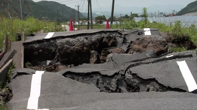 Earthquake cracked roads in Minamiaso, Kumamoto, Japan