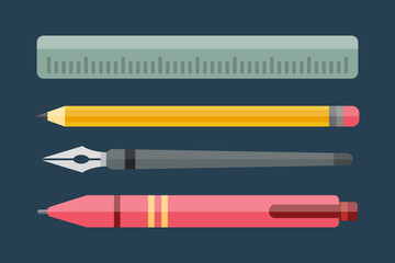 Obraz premium Paint and writing tools collection flat style colored stationery equipment drawing and education artist cartoon sketching vector illustration.