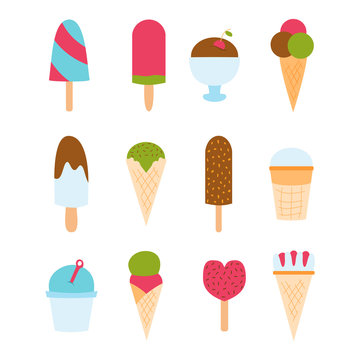 Set ice cartoon colorful cream dessert vector illustration chocolate food sweet cold isolated icon snack cone tasty fruit frozen candy collection