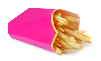 Carton box with delicious French fries on white background