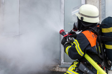 Naklejka premium Feuerwehrmänner löschen brennendes Gebäude