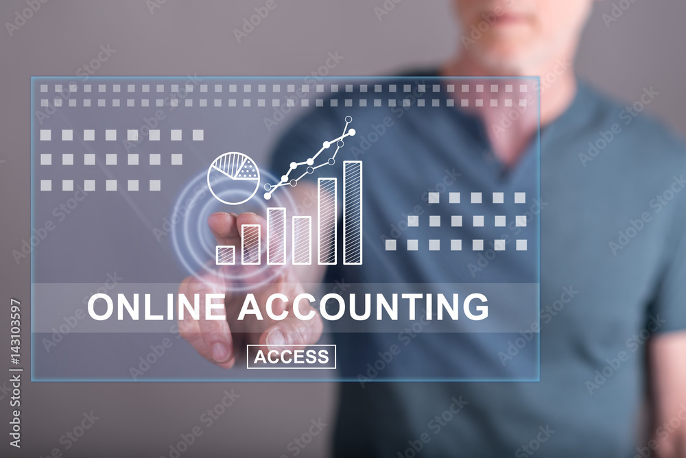 Wall mural man touching an online accounting concept on a touch screen