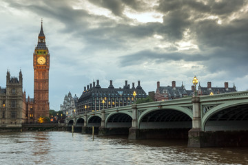 LONDON, ENGLAND - JUNE 16 2016: Houses of Parliament with Big Ben from Westminster bridge, London, England, Great Britain