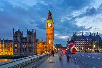 Naklejka na ściany i meble LONDON, ENGLAND - JUNE 16 2016: Night photo of Houses of Parliament with Big Ben from Westminster bridge, London, England, Great Britain