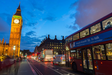 Fototapeta na wymiar LONDON, ENGLAND - JUNE 16 2016: Night photo of Houses of Parliament with Big Ben from Westminster bridge, London, England, Great Britain