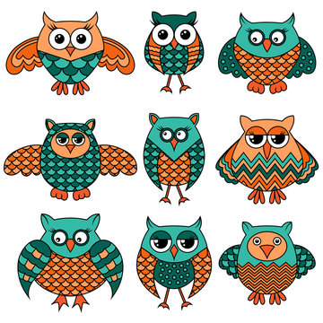 Nine cartoon funny owls