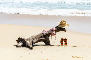 bikini swimming set hang on the wooden grub laying on the sand of the beach with the sea in background