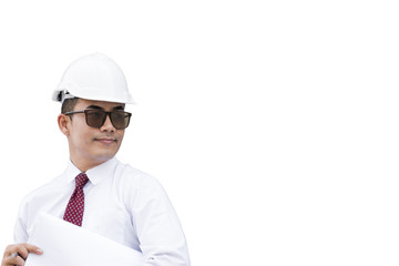 Engineer man wears safety hat and holding blur print