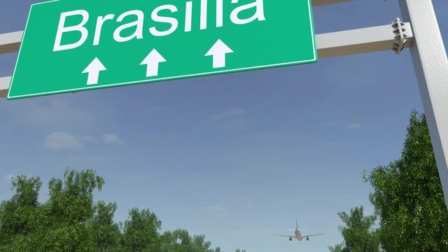 Airplane arriving to Brasilia airport. Travelling to Brazil conceptual 4K animation